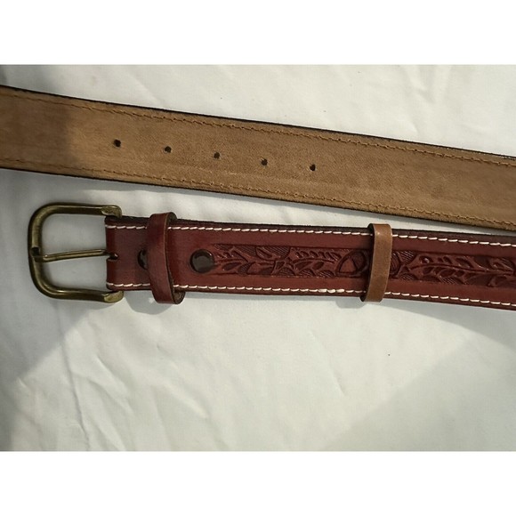 El Rodeo Rust Red Embossed Stitched Leather Belt Western 1.5” Wide 34 -36” Waist - Picture 5 of 6
